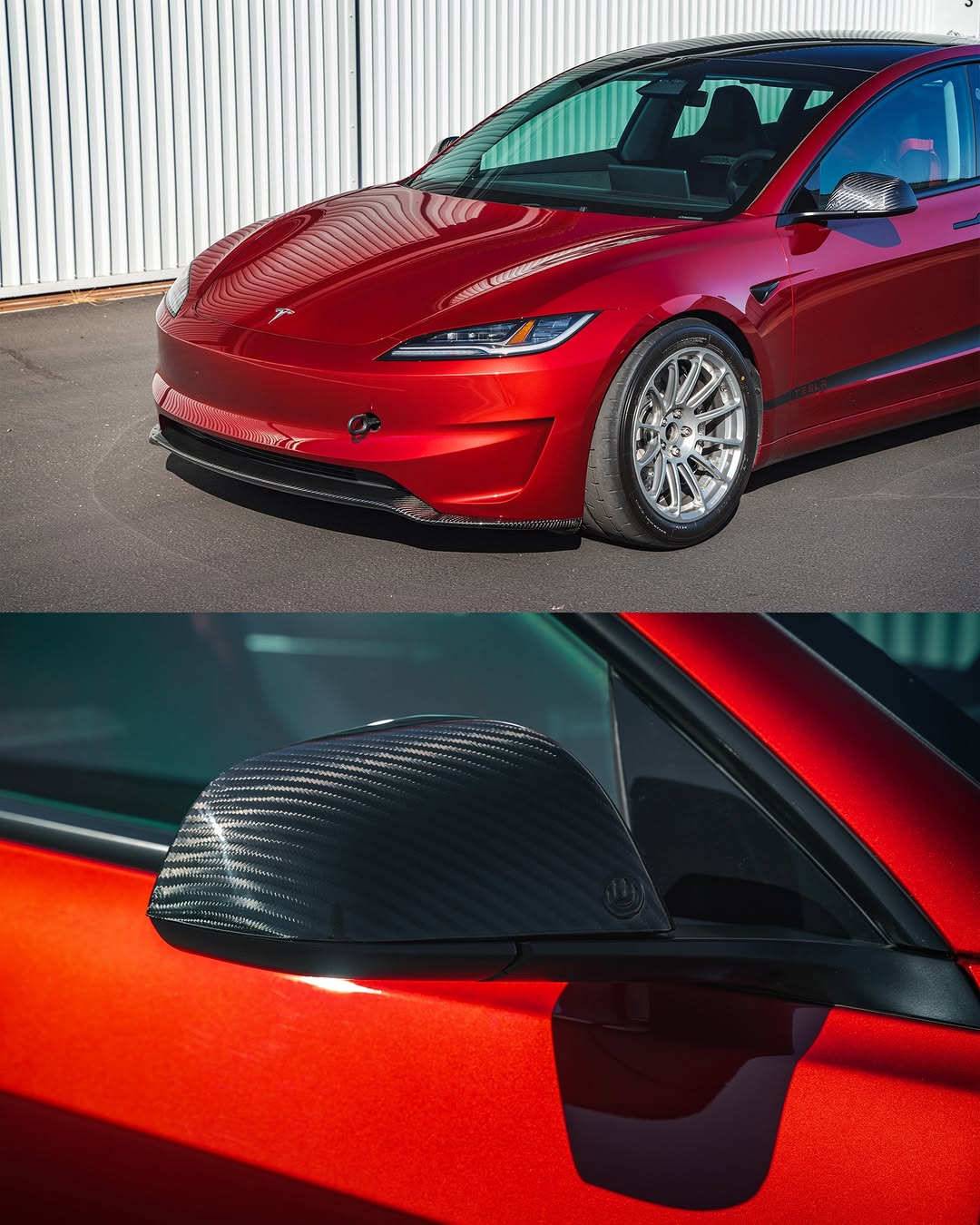 2024+ 特斯拉 Model 3 的签名碳纤维空气动力套件将四个关键碳部件：前唇盖板、高效尾翼、空气动力学后视镜盖和后扩散器饰条整合为一个统一的升级套件。每一件都采用真正的预浸料热压罐碳纤维制造，并通过我们专有的干碳-凯夫拉背层进行加固，与常见的湿法工艺相比，实现了出色的刚度重量比和耐用性。结果是一个更轻、更强的套装，安装整洁，并与特斯拉的设计语言相辅相成。 @unpluggedperformance