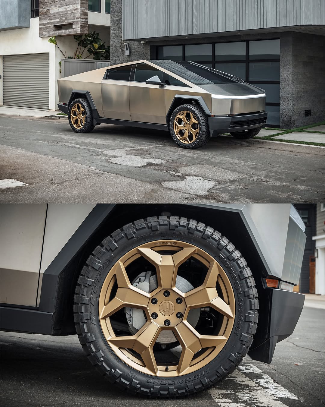 UP FORGED CYBRSPOKE轮毂采用的设计灵感源自Cybertruck毫不掩饰的粗犷风格，CYBRSPOKE呈现出一种精致而强势的外观，提升了卡车的整体形象。这是一款不会刻意吸引眼球的轮毂，它以实力赢得关注。24英寸的尺寸赋予车辆自信的姿态，增强了Cybertruck戏剧性的比例感，设计有意为之，是特斯拉Cybertruck的直接升级配件。 这款轮毂的结构源于粗犷主义设计，其特点是锐利、棱角分明的面板占据每个辐条。这种设计不依赖曲线或含蓄来掩饰自己，而是诚实、激进且毫不掩饰地展现出几何美感，完美呼应了特斯拉Cybertruck的棱角分明的外骨骼结构。 @unpluggedperformance