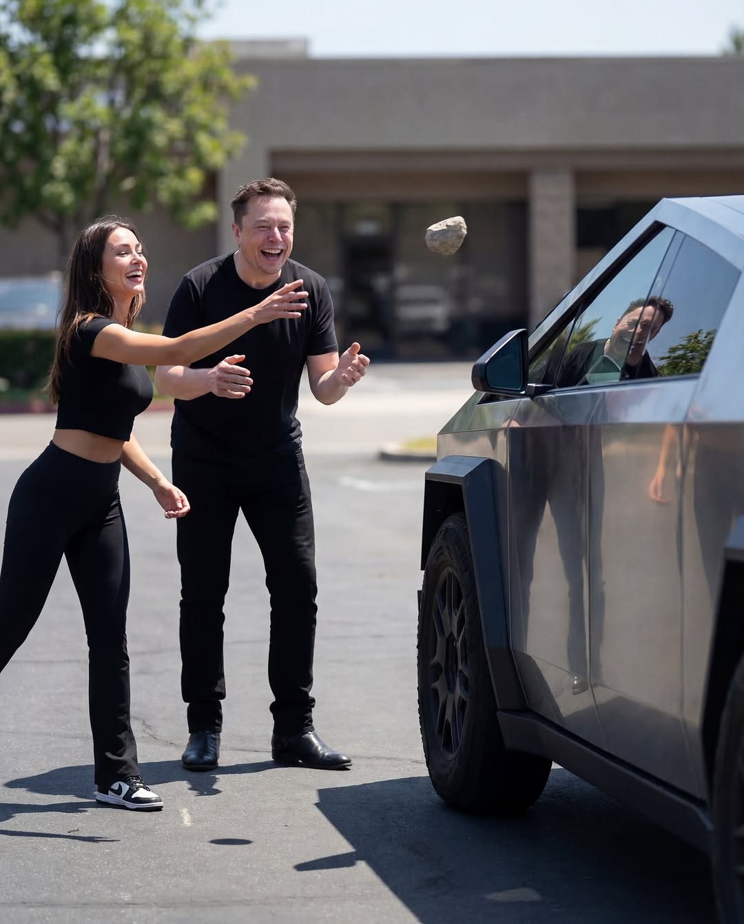 特斯拉Cybertruck是一款全电动皮卡，凭借其激进的未来主义、棱角分明的设计和不锈钢外骨骼车身而脱颖而出。特斯拉没有采用传统的喷漆外表面和弯曲的钣金件，而是选择了超硬的冷轧不锈钢，创造出平坦、几何化的表面，使车辆呈现出 unmistakable（不可否认的）“赛博朋克”风格。这种材料非常坚固，抗凹痕、划痕和腐蚀，尽管维修比传统车辆更困难。Cybertruck采用一体式车身结构，外饰板作为结构框架的一部分，结合电池组地板，提高了刚性并降低了重心。这辆皮卡长度约为5.68米，宽度超过2米，高度约为1.74-1.79米，轴距长达约3.63米，使其在道路上具有显著的存在感和宽敞的车厢空间。车内可容纳五人，内饰简约，以一块大型中央触摸屏为主导。高端配置还包括后座显示屏。转向系统采用现代的“线控转向”设置，并配备四轮转向，使后轮能够转向以减小转弯半径，使这辆大型车辆出乎意料地灵活。 - - - 此图是AI生成的，仅用于娱乐目的。它不反映真实事件或真实代言。 @emilypellegrini