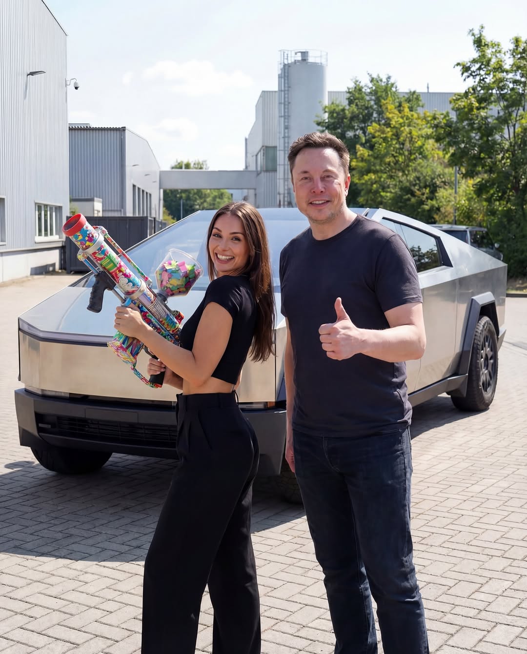 特斯拉Cybertruck是一款全电动皮卡，凭借其激进的未来主义、棱角分明的设计和不锈钢外骨骼车身而脱颖而出。特斯拉没有采用传统的喷漆外表面和弯曲的钣金件，而是选择了超硬的冷轧不锈钢，创造出平坦、几何化的表面，使车辆呈现出 unmistakable（不可否认的）“赛博朋克”风格。这种材料非常坚固，抗凹痕、划痕和腐蚀，尽管维修比传统车辆更困难。Cybertruck采用一体式车身结构，外饰板作为结构框架的一部分，结合电池组地板，提高了刚性并降低了重心。这辆皮卡长度约为5.68米，宽度超过2米，高度约为1.74-1.79米，轴距长达约3.63米，使其在道路上具有显著的存在感和宽敞的车厢空间。车内可容纳五人，内饰简约，以一块大型中央触摸屏为主导。高端配置还包括后座显示屏。转向系统采用现代的“线控转向”设置，并配备四轮转向，使后轮能够转向以减小转弯半径，使这辆大型车辆出乎意料地灵活。 - - - 此图是AI生成的，仅用于娱乐目的。它不反映真实事件或真实代言。 @emilypellegrini