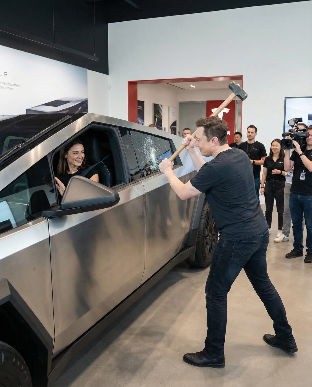 特斯拉Cybertruck是一款全电动皮卡，凭借其激进的未来主义、棱角分明的设计和不锈钢外骨骼车身而脱颖而出。特斯拉没有采用传统的喷漆外表面和弯曲的钣金件，而是选择了超硬的冷轧不锈钢，创造出平坦、几何化的表面，使车辆呈现出 unmistakable（不可否认的）“赛博朋克”风格。这种材料非常坚固，抗凹痕、划痕和腐蚀，尽管维修比传统车辆更困难。Cybertruck采用一体式车身结构，外饰板作为结构框架的一部分，结合电池组地板，提高了刚性并降低了重心。这辆皮卡长度约为5.68米，宽度超过2米，高度约为1.74-1.79米，轴距长达约3.63米，使其在道路上具有显著的存在感和宽敞的车厢空间。车内可容纳五人，内饰简约，以一块大型中央触摸屏为主导。高端配置还包括后座显示屏。转向系统采用现代的“线控转向”设置，并配备四轮转向，使后轮能够转向以减小转弯半径，使这辆大型车辆出乎意料地灵活。 - - - 此图是AI生成的，仅用于娱乐目的。它不反映真实事件或真实代言。 @emilypellegrini