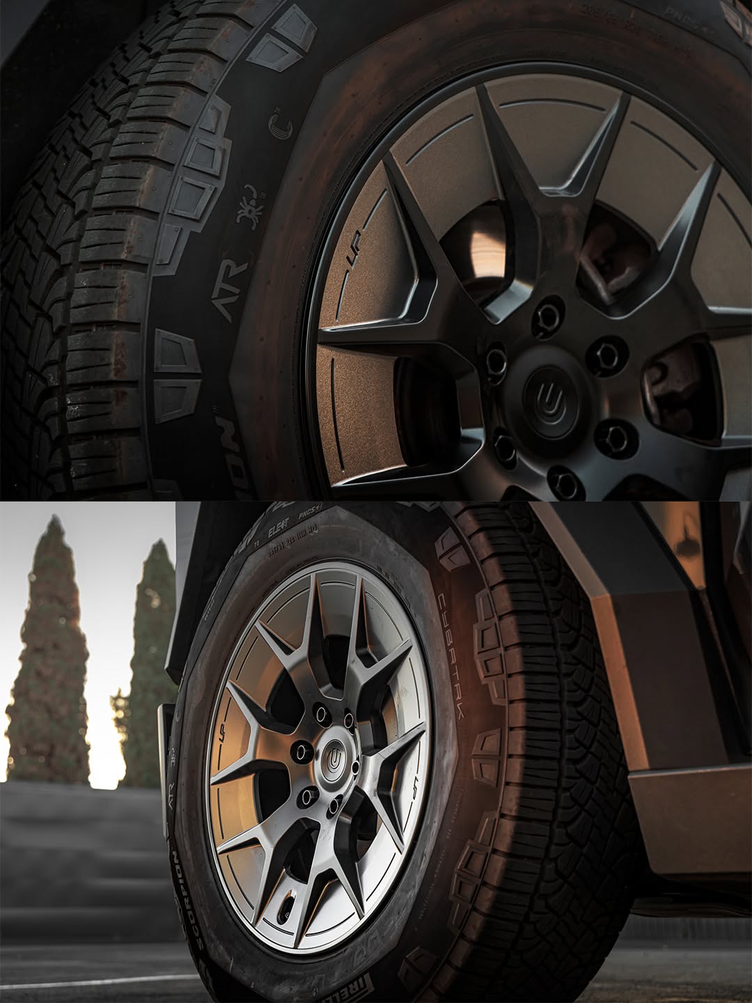 UP-RW Cyber轮毂专为无缝原厂集成而设计，特别适用于Cybertruck原厂配备的Goodyear Wrangler Territory RT和Pirelli Scorpion ATR轮胎，无需任何新的尺寸、更换或修改。只需将原厂轮胎安装到锻造的6061-T6结构空气动力学轮圈上，即可立即升级至无与伦比的强度，高达1,450公斤以上的载重能力，内置金属护边保护，并具备媲美特斯拉最佳水平的空气动力学效率，同时保持特斯拉优化的轮胎性能，确保道路舒适性、越野能力和全天候表现。 @unpluggedperformance