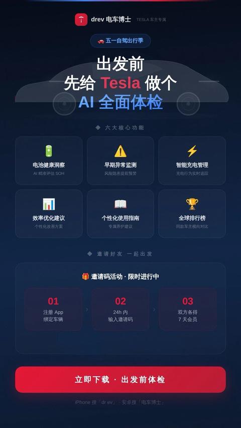 特斯拉五一限时福利大放送🎉
分享给好友下载注册,双方即可获得至少一周会员,奖励可叠加,活动详情参考 app 活动页哦❤️
再次感谢大家一路支持,欢迎新老朋友积极参加 #特斯拉 #特斯拉与我 #cyb