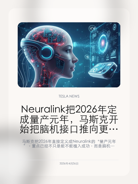 Neuralink 把 2026 年定成量产元年,马斯克开始把脑机接口推向更大规模临床
马斯克把 2026 年直接定义成 Neuralink 的“量产元年”,重点已经不只是能不能植入成功,而是脑机接
