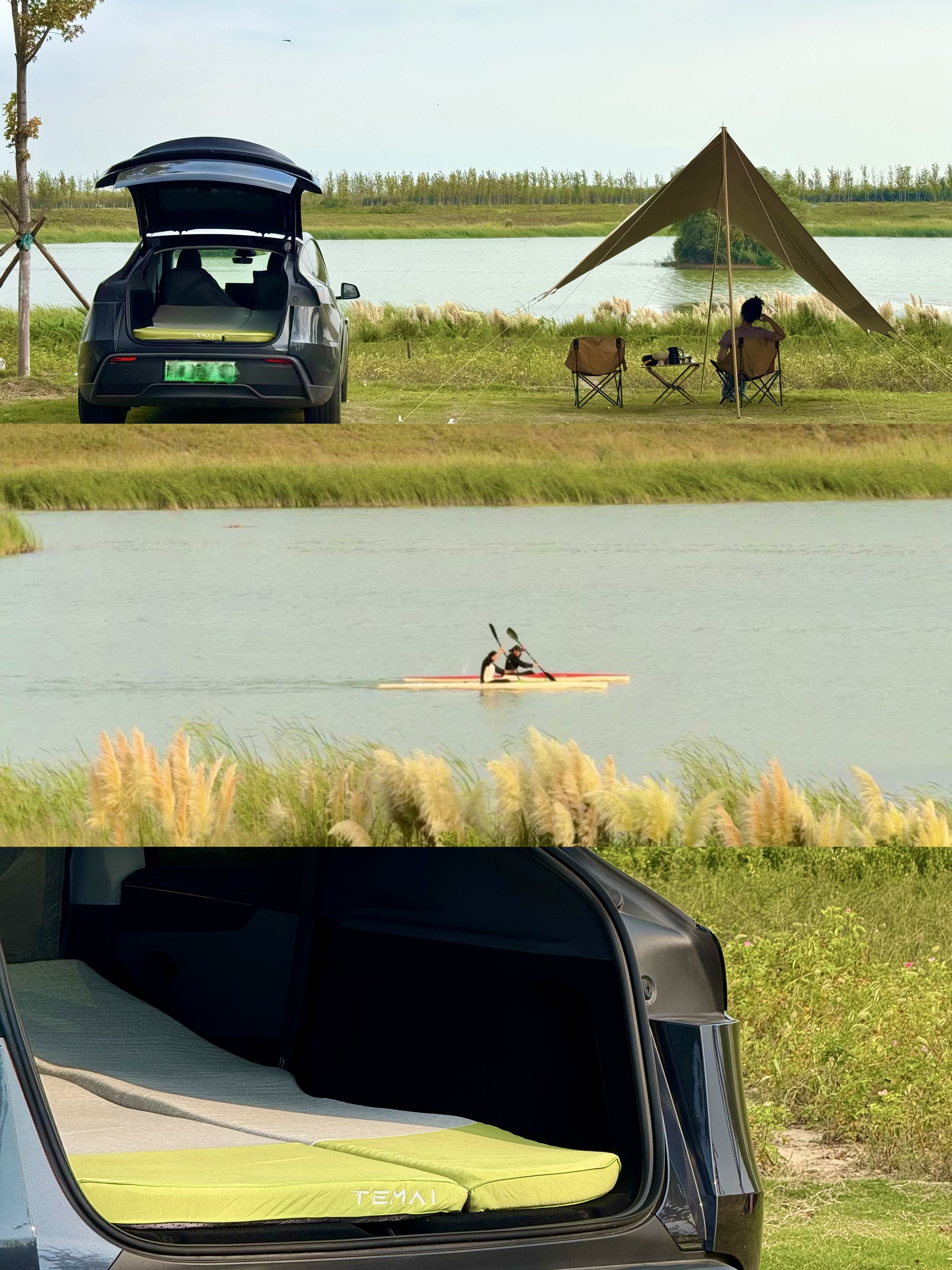 🌟特斯拉露营初体验｜把大自然收进梦里🌃 -
终于开着新车去野营啦～
没换电车之前 觉得睡在车里肯定很难受
睡过了特斯拉大床房 改观了 哈哈哈
	
周末开车到郊外 放倒座椅铺开床垫
在移动小窝里 读