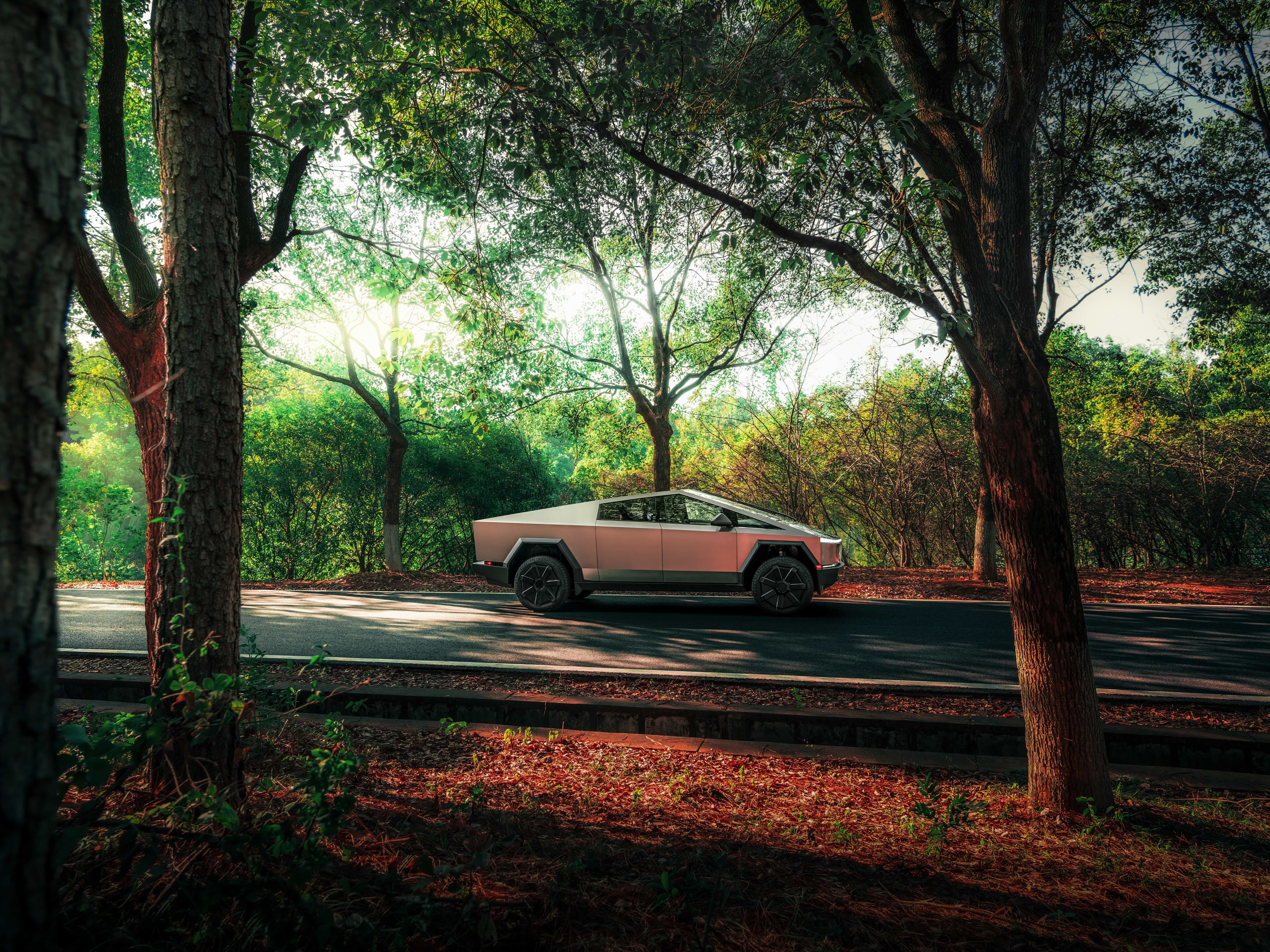 赛博越野旅行车驶向深秋山林间📐 不锈钢车身与树影交织🚗
映出秋日剪影🍂
#和特斯拉一起发现出片秘诀
	
📸：@GOLD FLAG 2020 @特斯拉