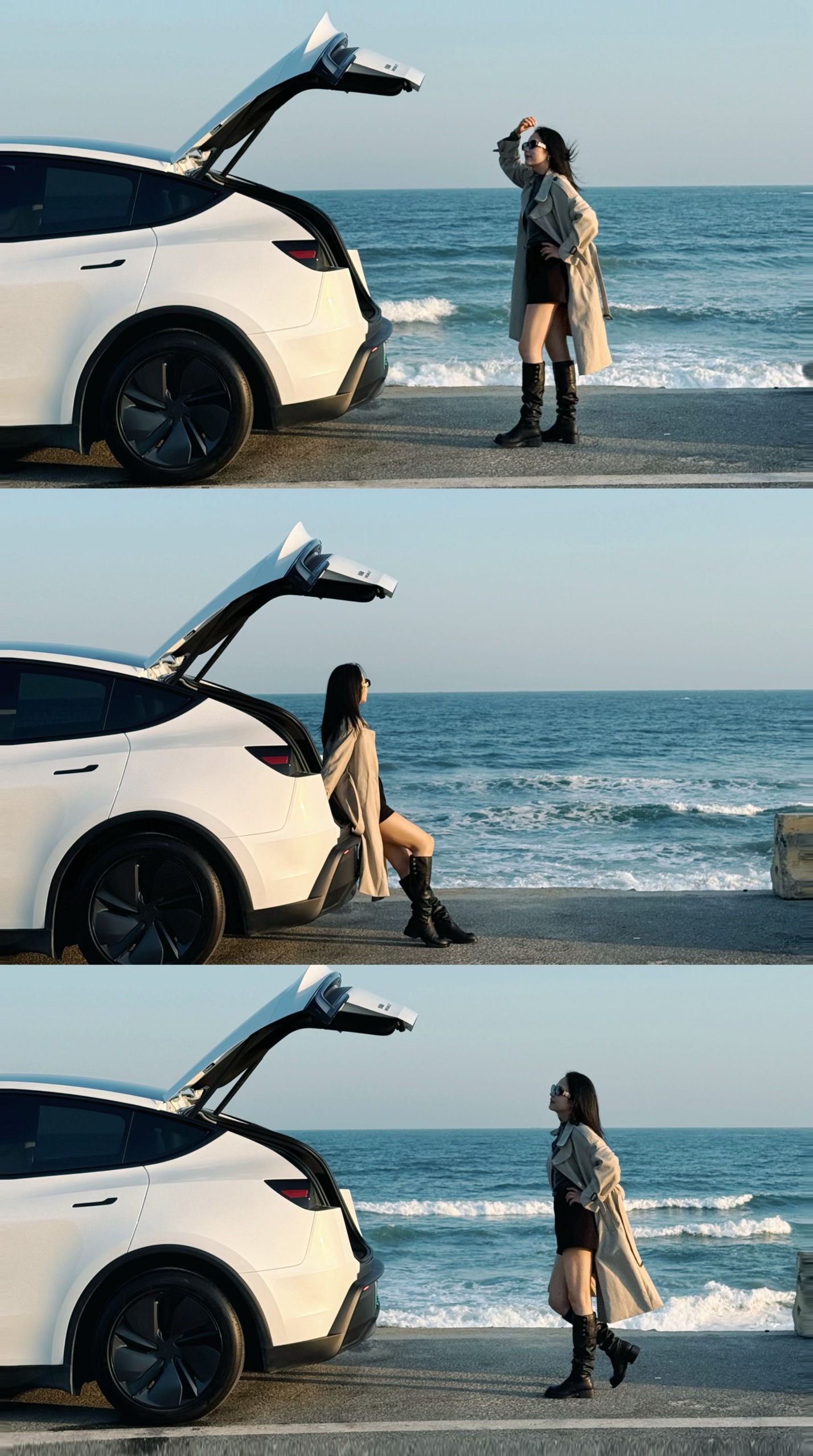 🚗在惠州开Model Y追海🌊 把“都市通勤车”开成海边氛围感神器
谁能想到日常通勤的Model Y
一到海边直接变身「氛围感buff机」🌊
白色车身贴上海浪的蓝调滤镜
连轮毂都沾了点海盐的松弛感
靠在车边吹海风，卡其风衣被风掀起的弧度
和海浪的起伏刚好同频🌬️
	
卡其风衣+黑靴踩在沿海公路
靠在车尾是慵懒，走两步是飒
下午四点的海边光打在车身上
金属冷调混着海盐暖感，每一帧都像电影分镜🎬
	
（封闭安全路段拍摄）
	
#开车去海边 #把浪漫装进车里 #特斯拉Y #惠州海边拍照 #去看不被定义的海 #汽车博主日常 @麻辣毛豆